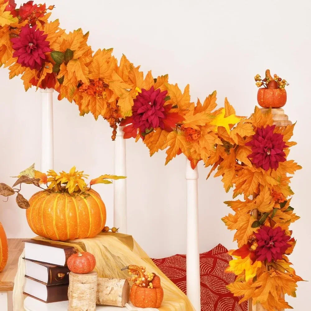 Fall Garland -Fall Decor 5.9 FT ‎ Leaves Garland with Lights, Artificial Autumn